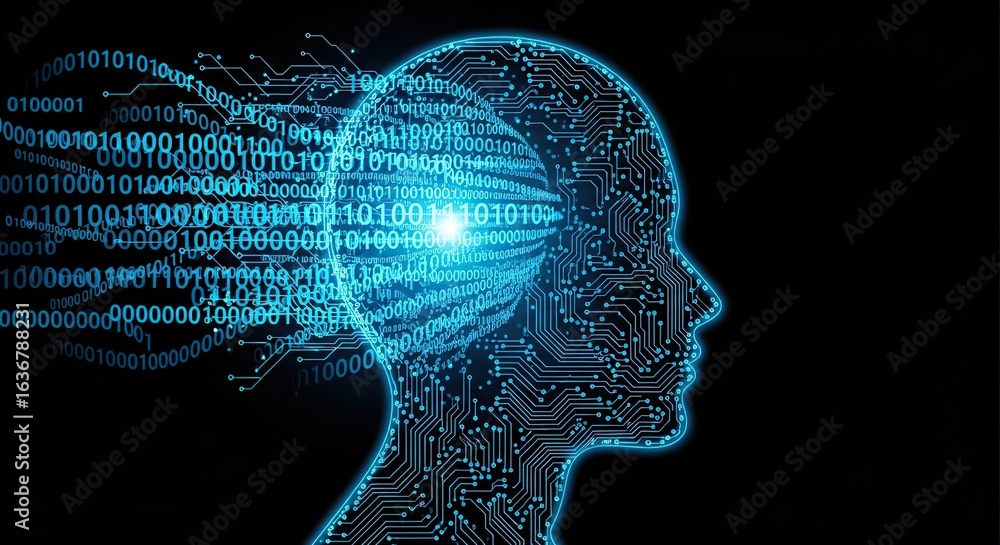 Obraz premium Artificial intelligence brain with digital data flowing into head