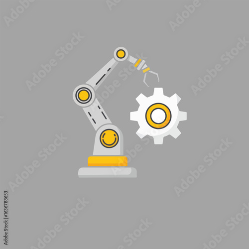 A mechanical robot arm manipulator holds a large cogwheel, symbolizing industrial automation and manufacturing.