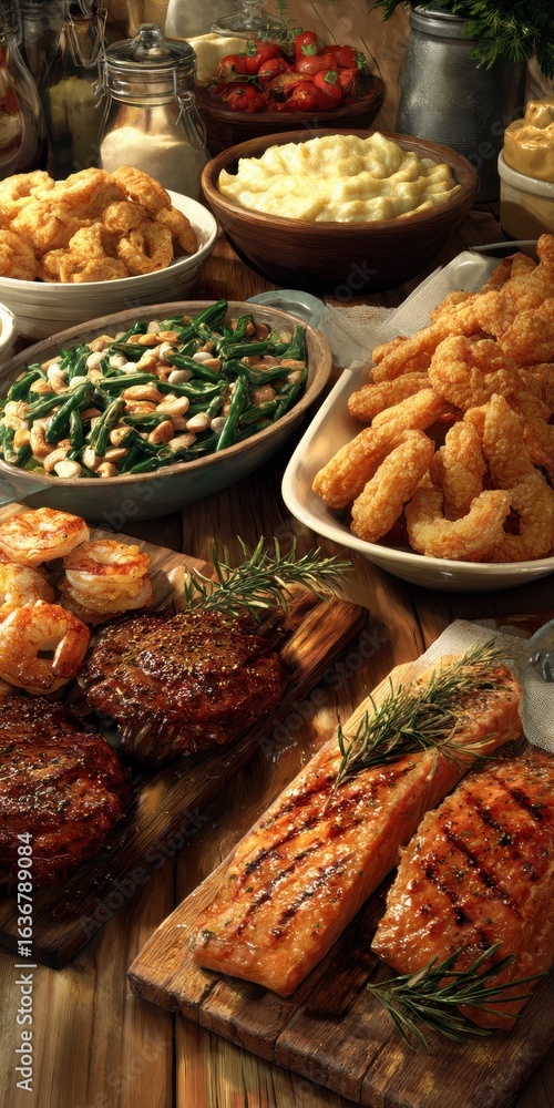 Fototapeta premium Delicious Grilled Feast: Steak, Salmon & Sides