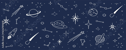 Hand-Drawn Space Pattern: Stars, Planets & Rockets Background