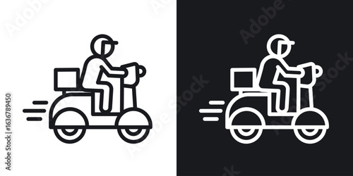 Delivery man riding motorcycle icons. Illustration of outline icons