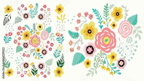 Floral arrangement featuring pink roses yellow flowers and green leaves on a white background art style