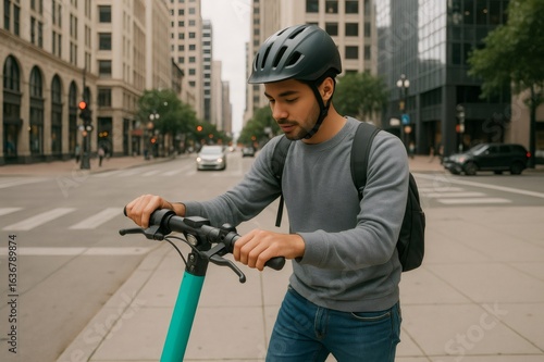 Young delivery man wearing a helmet adjusting his electric scooter before starting a delivery in the city center