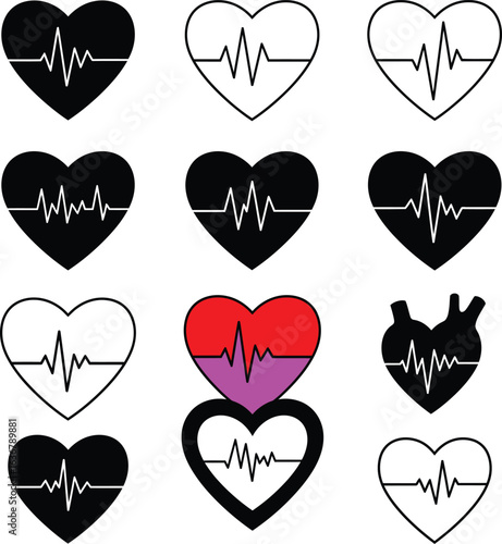 Vector illustration of a set of heart and heartbeat icons. ECG symbols representing health, cardiology, and love, ideal for medical apps and websites, and general healthcare designs.
