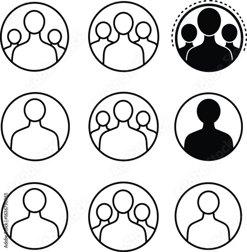 Corporate leadership and teamwork vector illustrations, minimalist line art of business groups and individuals perfect for websites, apps, and presentations.
