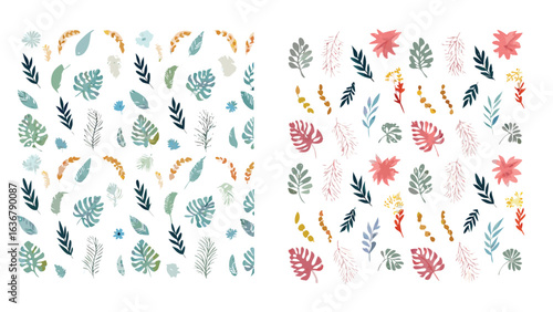 Botanical arrangement featuring monstera leaves and assorted foliage in two color variations side by side