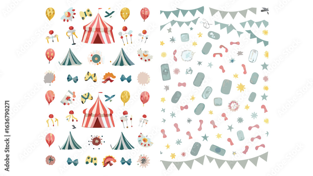 Fototapeta premium Colorful carnival icons, party decorations, and festive elements, 40 stickers and patterns