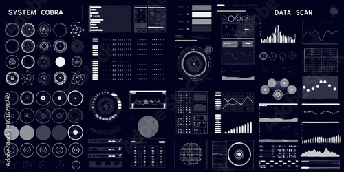 Futuristic digital interface with data visualization and system controls