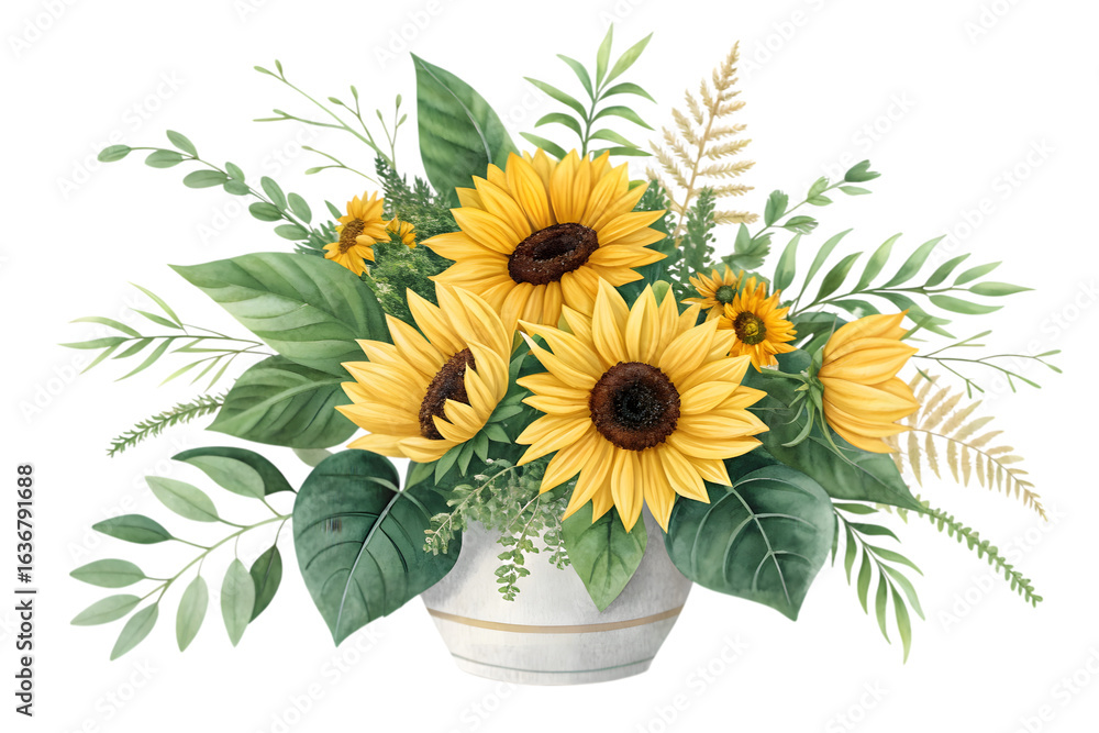Obraz premium Watercolor sunflowers bouquet in a vase isolated on transparent background. Flower PNG.