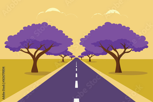 a rural road lined with blooming jacaranda trees