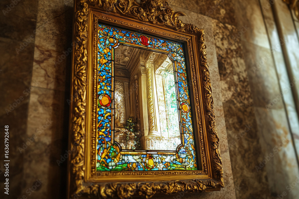 Fototapeta premium Fine detailed Greek stained window behind translucent Roman mirror