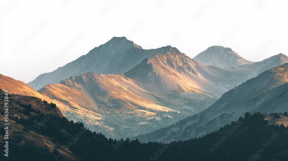 Naklejka premium Mountain Range Sunlight Illumination on Peaks in Rocky Landscape