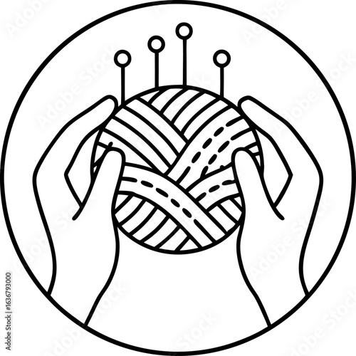 Hands holding ball of yarn with knitting needles crochet