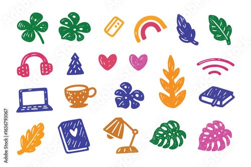 Whimsical Doodle Delight: A collection of colorful, hand-drawn doodles, featuring various charming elements, invites you to embrace creativity and positivity in your design endeavors.