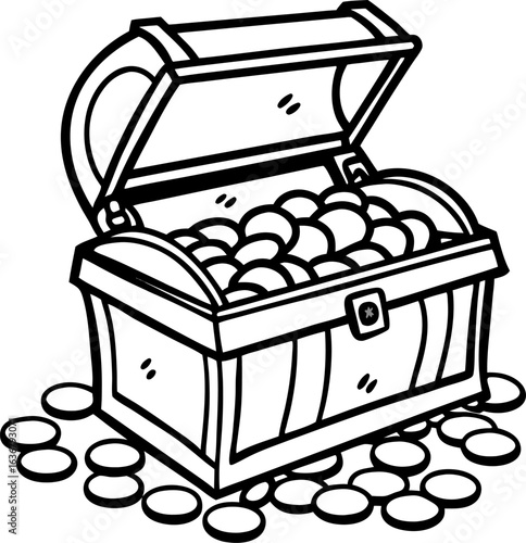 Simple line drawing of an open treasure chest with coins