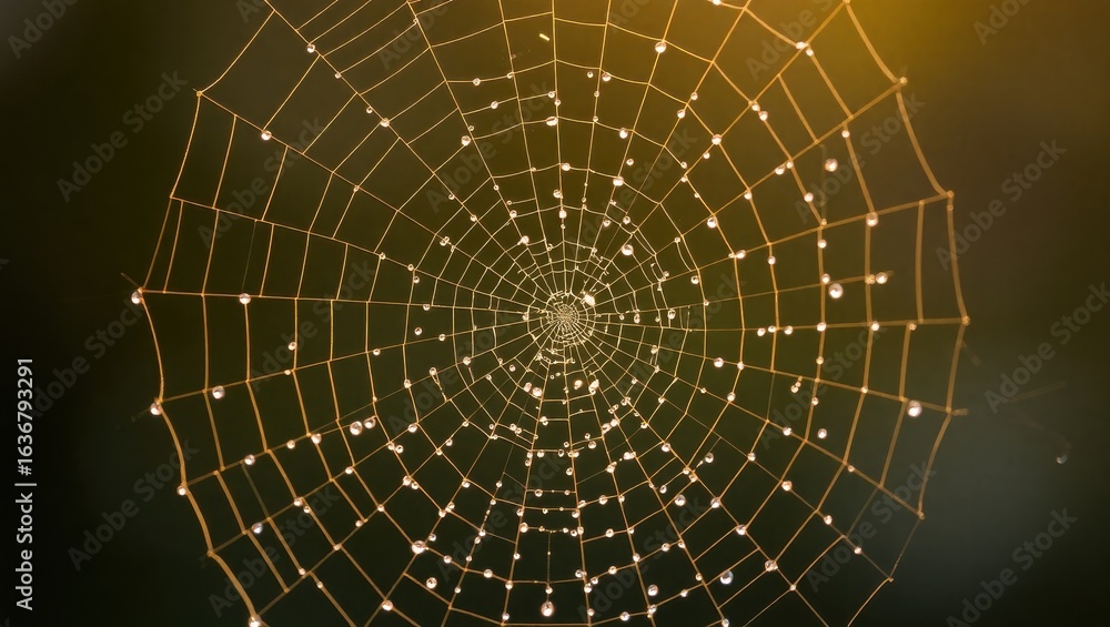 Obraz premium A spiderweb covered in water droplets glistens against a dark green and yellow gradient background