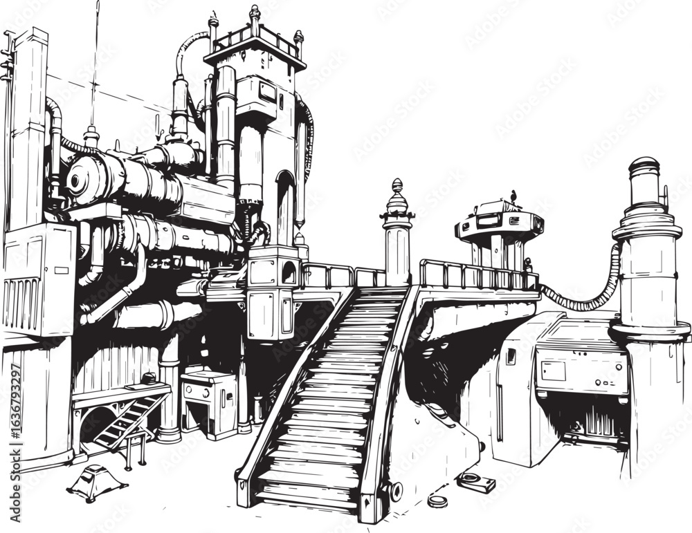 Obraz premium Factory, technical room, futurism, industry, equipment, mechanisms. Hand drawn vector illustration