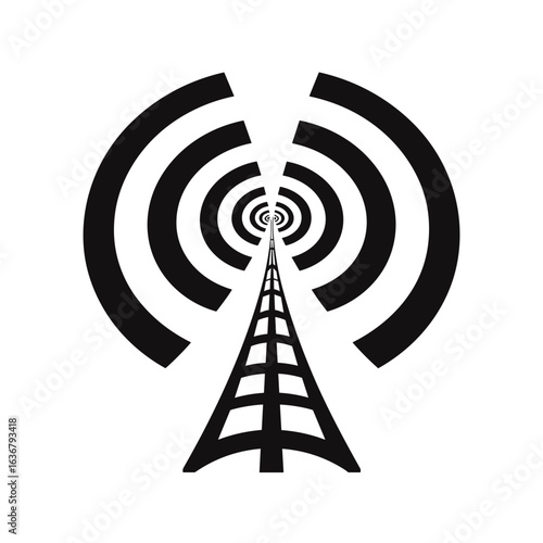Black radio tower icon with concentric signal waves on white background
