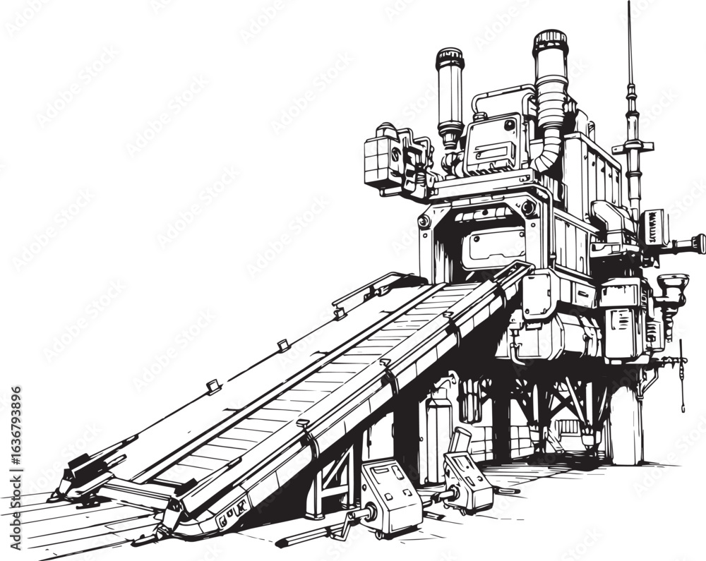 Obraz premium Factory, technical room, futurism, industry, equipment, mechanisms. Hand drawn vector illustration
