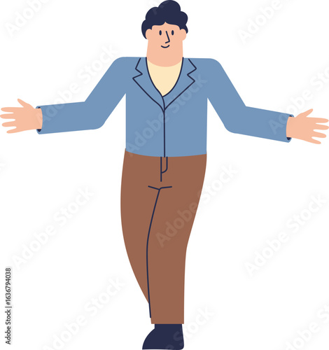 A man stands with arms outstretched, conveying openness or welcome.