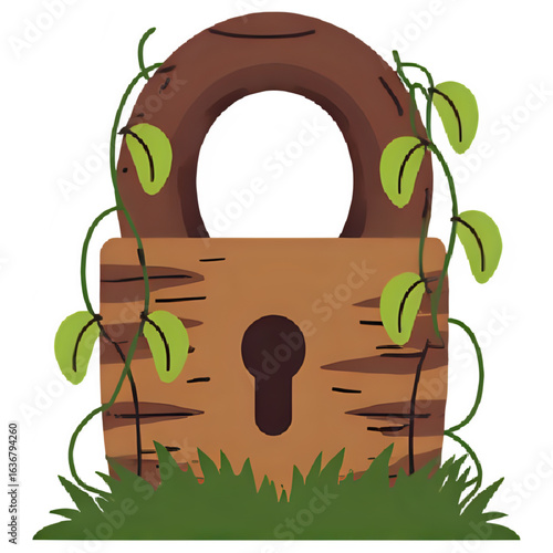 Overgrown wooden padlock nestled in grass, symbolizing forgotten secrets or lost time.