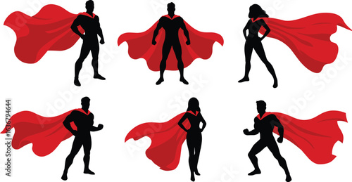 Superhero silhouettes with red capes, heroic poses, dynamic action, black figures, vibrant contrast, comic style, fantasy power, team unity, dramatic stance