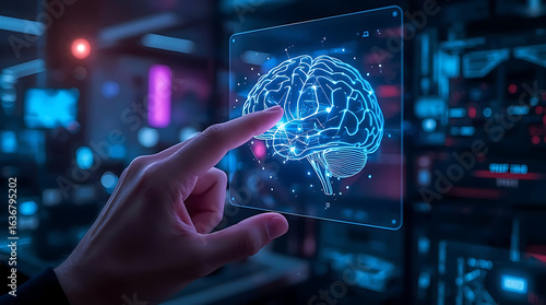 Ultra-HD image of a human hand gently touching a glowing transparent screen that displays an AI-generated hologram of a digital brain