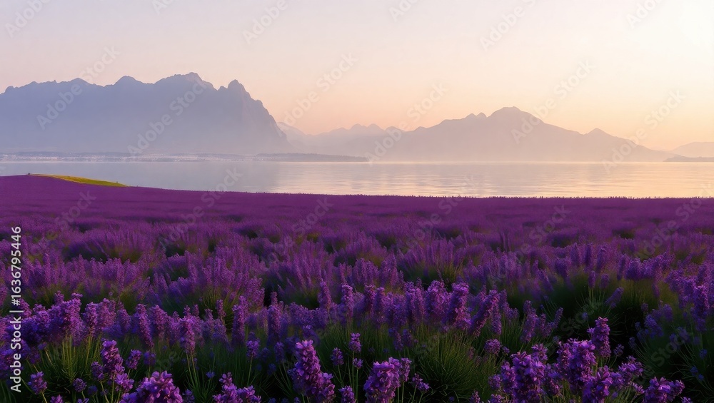 Obraz premium A lavender field in full bloom with mountains and a body of water in the background at sunset time