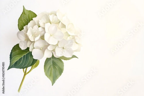 Watercolor painting featuring a single white hydrangea flower with delicate green leaves on a simple white background, creating a minimalist and elegant botanical illustration