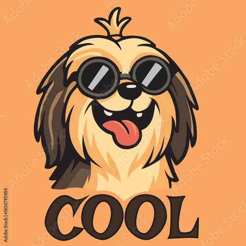 Cool cartoon dog with sunglasses and tongue out, playful and stylish character for kids. Vector illustration on orange background.