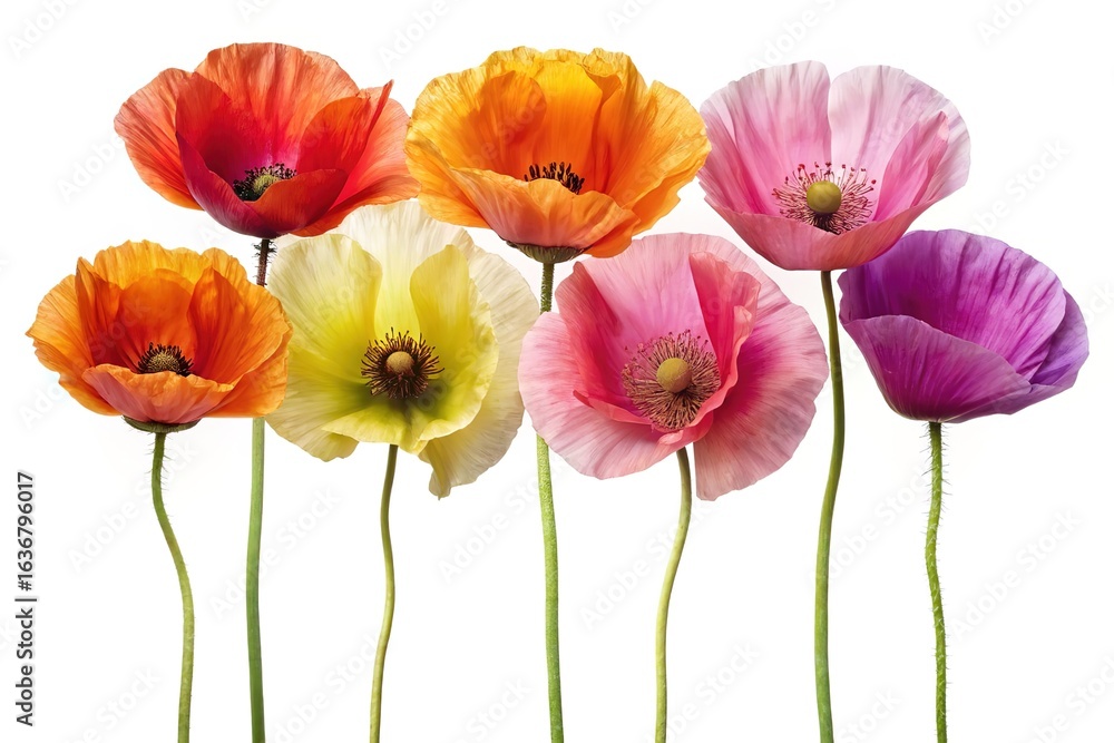Fototapeta premium Seven colorful poppy flowers isolated on a clean white background close up