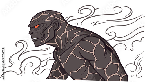 Illustration of a dark stone creature with glowing red eyes and smoke in the background design art
