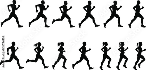 Running Silhouettes of Men and Women, Athletic Motion, Biomechanics Study, Fitness Illustration, Jogging Poses, Sports Concept, Vector Art
