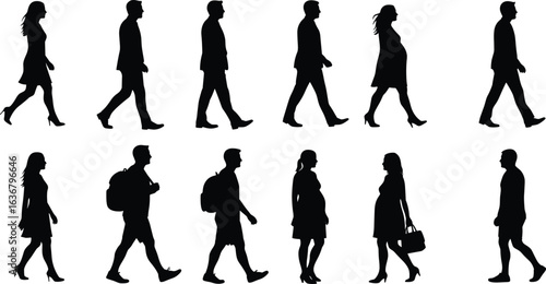 Silhouettes of diverse people walking, pregnant woman, backpack, casual motion, urban crowd, human shapes, diversity, lifestyle, travel, street scene