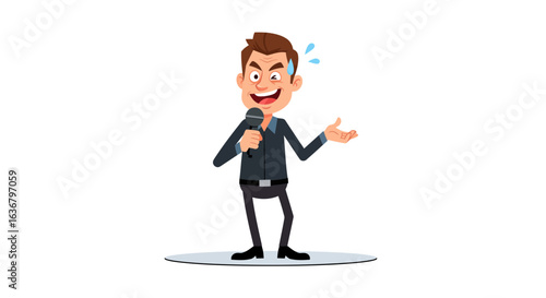 A nervous cartoon man holding a microphone, sweating with stage fright and anxiety before a public speaking performance.