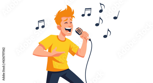 Passionate young male singer performing a song with a retro microphone. Joyful cartoon character enjoying his vocal hobby.