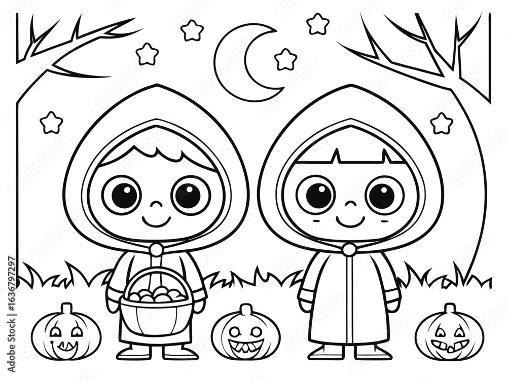 Obraz premium Cute Halloween coloring page featuring cartoon ghosts, bats, jack-o’-lantern pumpkins, and stars in a playful black and white line art style
