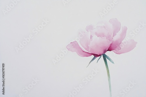 Delicate pink peony flower painted with watercolors on a minimalist white background, offering ample copy space for text or design elements