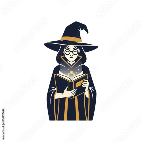 Halloween witch reading a spellbook in a magical style  