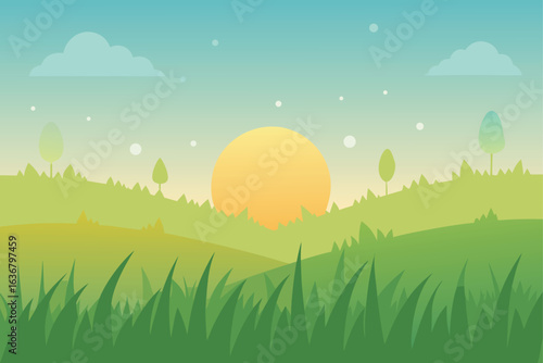 a mist covered meadow at sunrise with dewdrops on grass