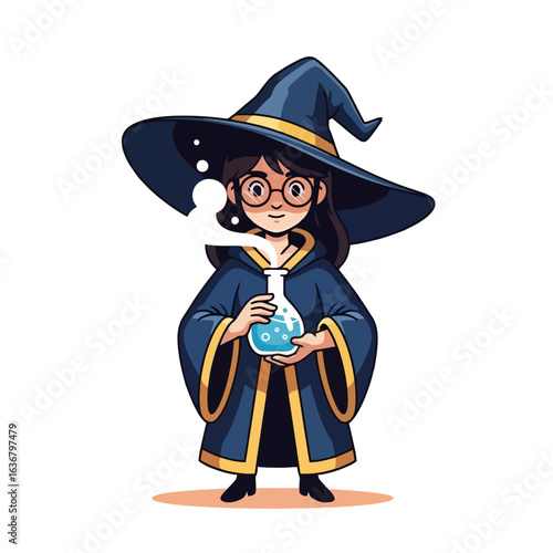 Halloween-themed vector illustration of a young girl holding a potion  