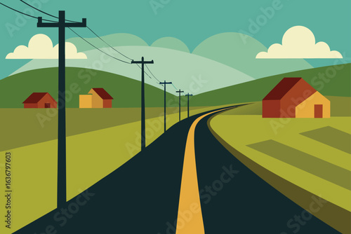 a countryside road with telephone poles and scattered houses