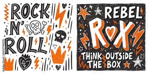 Rock and roll rebel spirit with skulls and lightning bolts
