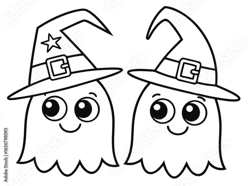 Cute ghosts wearing witch hats outline doodle cartoon illustration. Halloween coloring book page activity for kids and adults