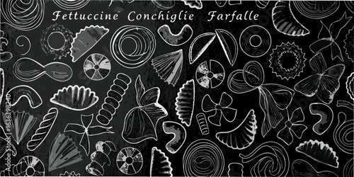 Chalkboard art of various pasta shapes and types