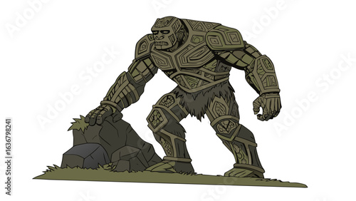 Illustration of a stone golem standing near a rock with detailed armor and a stern expression looking forward