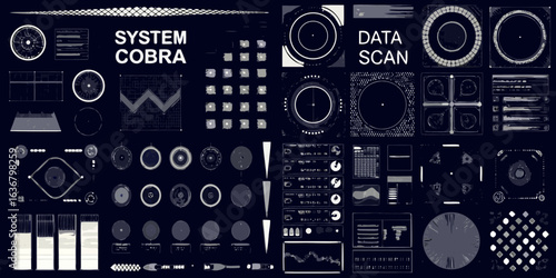 Futuristic digital interface with data visualization and system monitoring elements