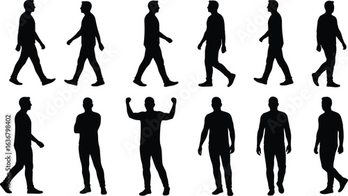 Human walking cycle silhouettes, standing pose variations, black figure motion study, biomechanics reference, animation asset, posture analysis, vector illustration
