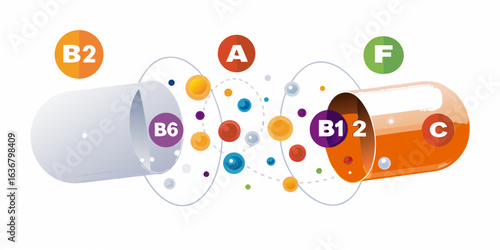 Exploded vitamin capsule revealing essential nutrients and vitamins