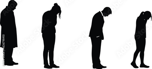 Silhouettes of diverse people, bowed heads, slouched posture, emotional expression, depression concept, mental health awareness, isolation, urban clothing, unity